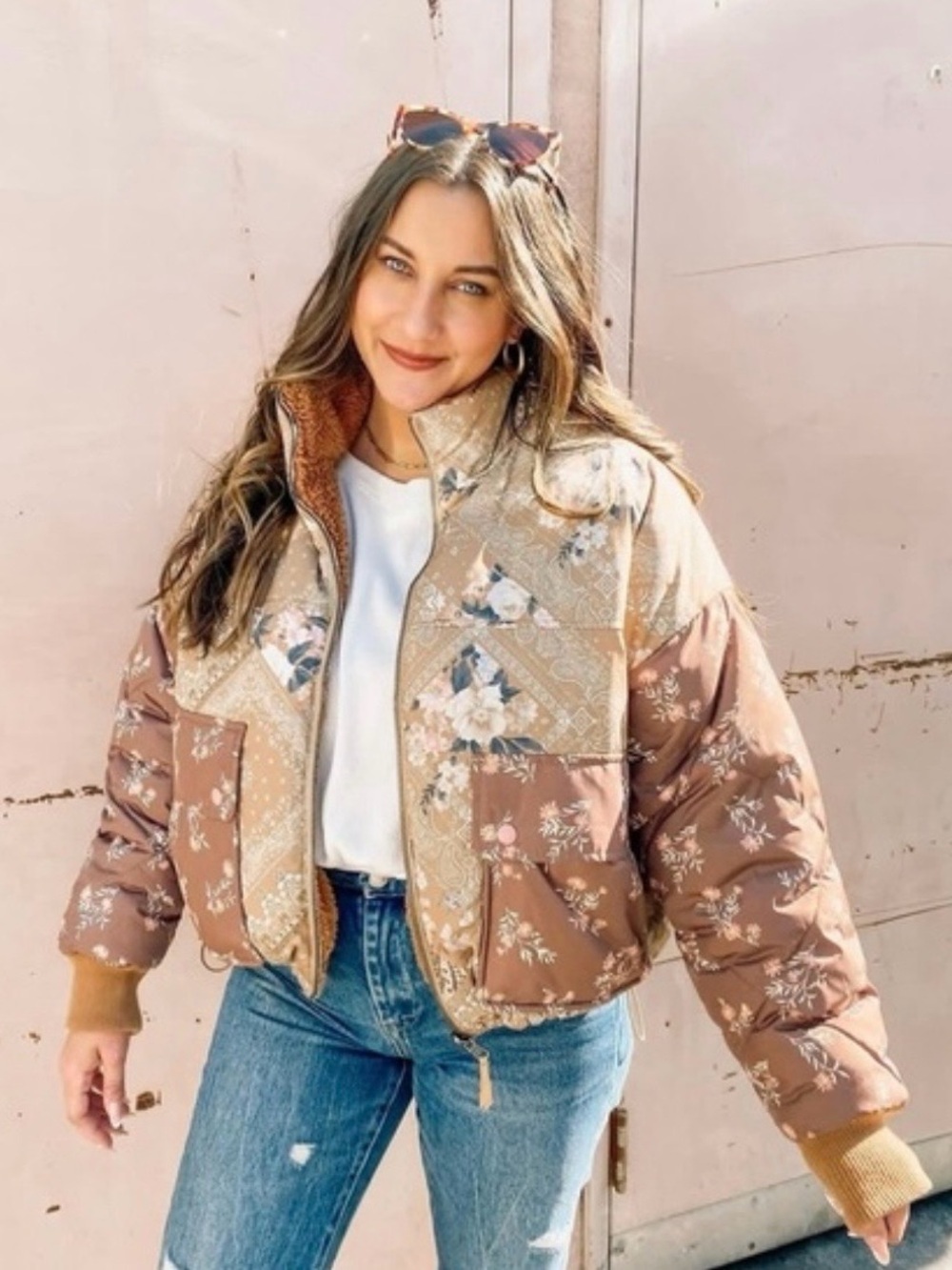 Reversible American Eagle Outfitters Floral Patchwork Puffer Jacket - Brown